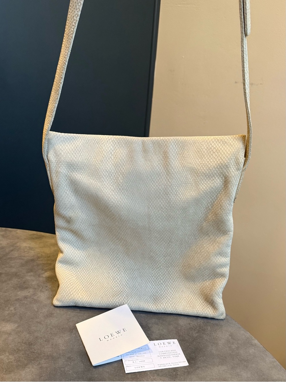 Loewe '90s w COA Sheepskin Sonia Crossbody in Cream Snakeskin Suede Emboss